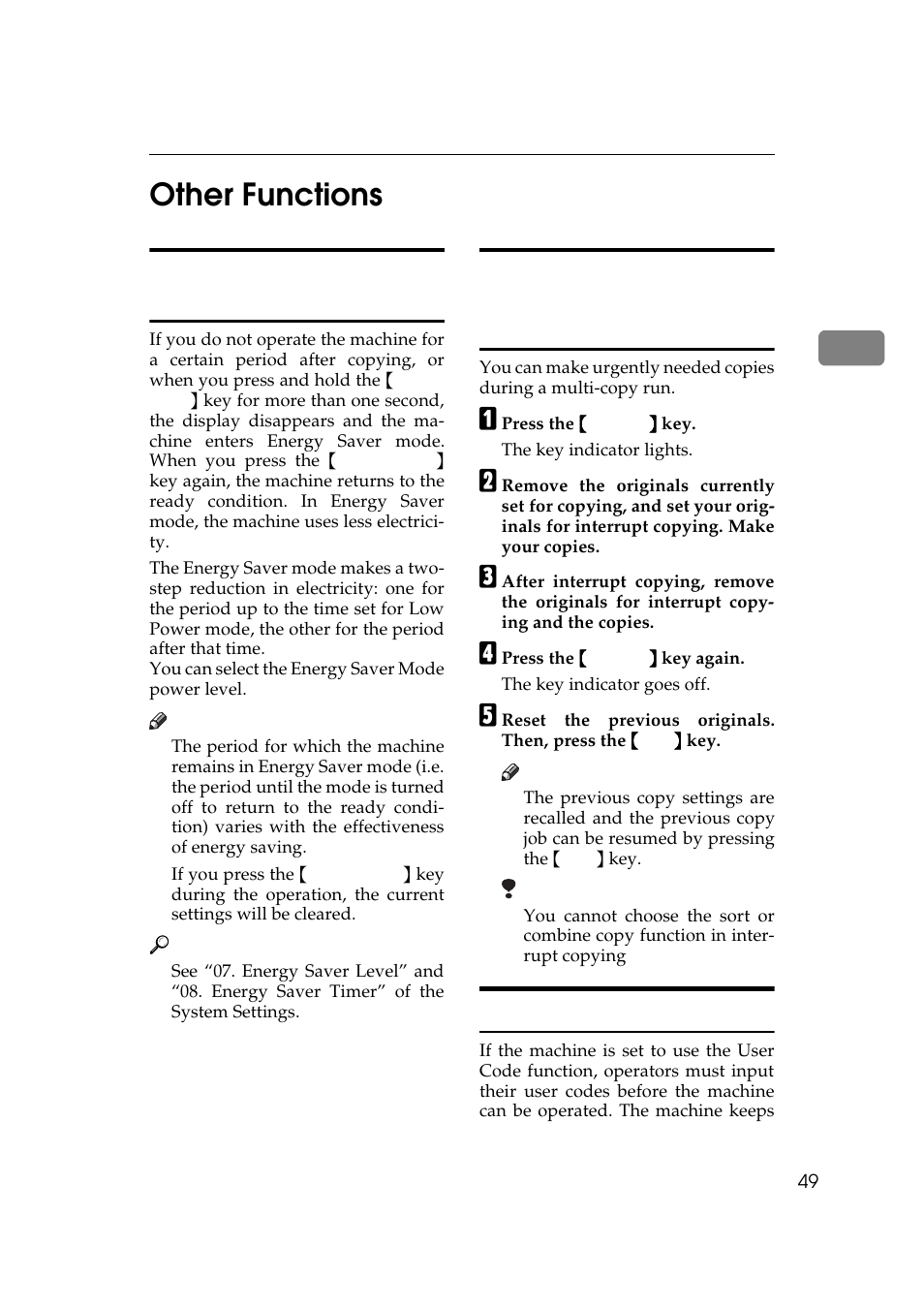 Other functions, P.49 “user codes, 2other functions | Energy saver mode—saving energy, User codes | Ricoh Aficio Copy Machine 180 User Manual | Page 66 / 595