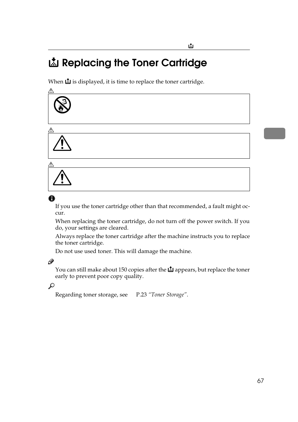 Replacing the toner cartridge, P.67, D replacing the toner | Cartridge, Replacing the toner car- tridge, 3d replacing the toner cartridge | Ricoh Aficio Copy Machine 180 User Manual | Page 84 / 595