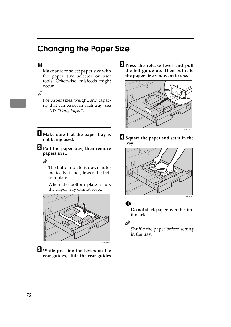 Changing the paper size, P.72 “changing the paper size, P.72 “changing the | Paper size, P.72 “changing the pa, Per size, 3changing the paper size | Ricoh Aficio Copy Machine 180 User Manual | Page 89 / 595