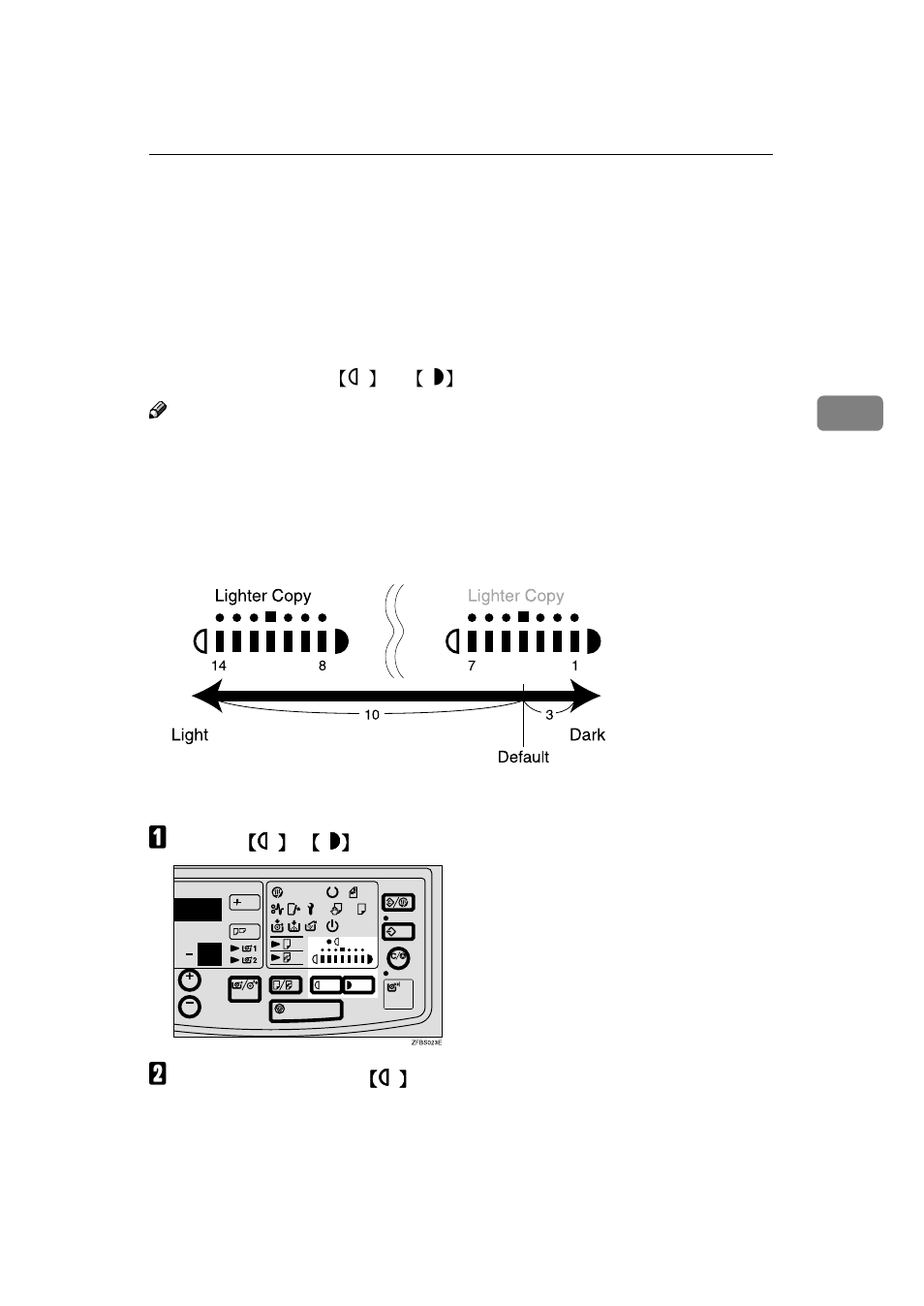 Adjusting copy image density, Standard density level (default), 3 darker levels | 10 lighter levels, Set the density with the, Graphic, A press the, B each time you press the, 3adjusting copy image density | Ricoh FW770 User Manual | Page 41 / 92