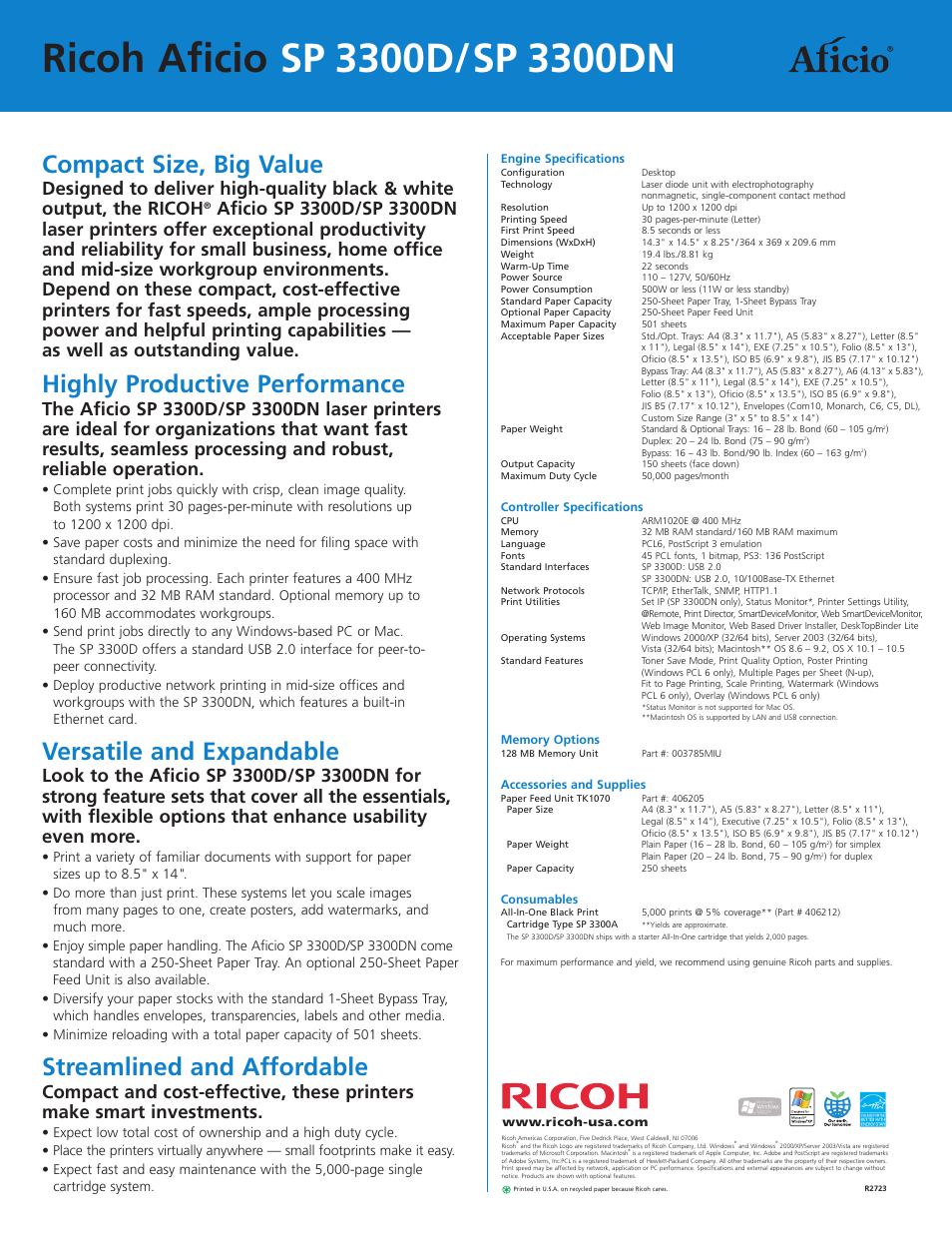 Compact size, big value, Highly productive performance, Versatile and expandable | Streamlined and affordable | Ricoh Aficio SP 3300D User Manual | Page 2 / 2