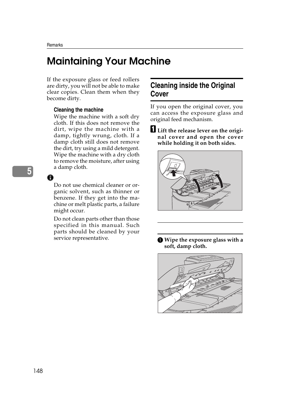 5maintaining your machine, Cleaning inside the original cover | Ricoh Aficio 470W User Manual | Page 168 / 184