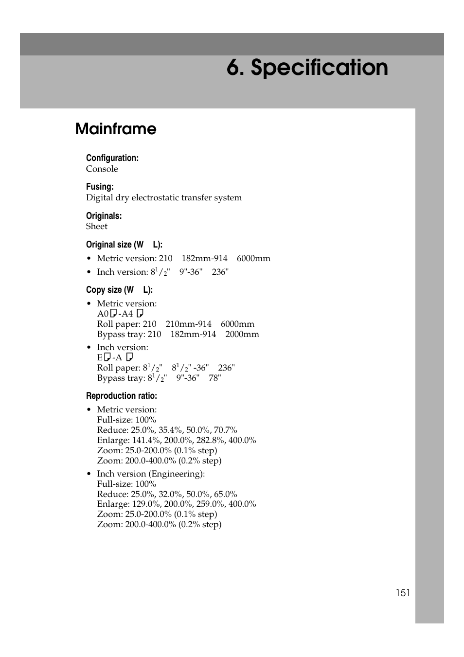 Specification, Mainframe | Ricoh Aficio 470W User Manual | Page 171 / 184