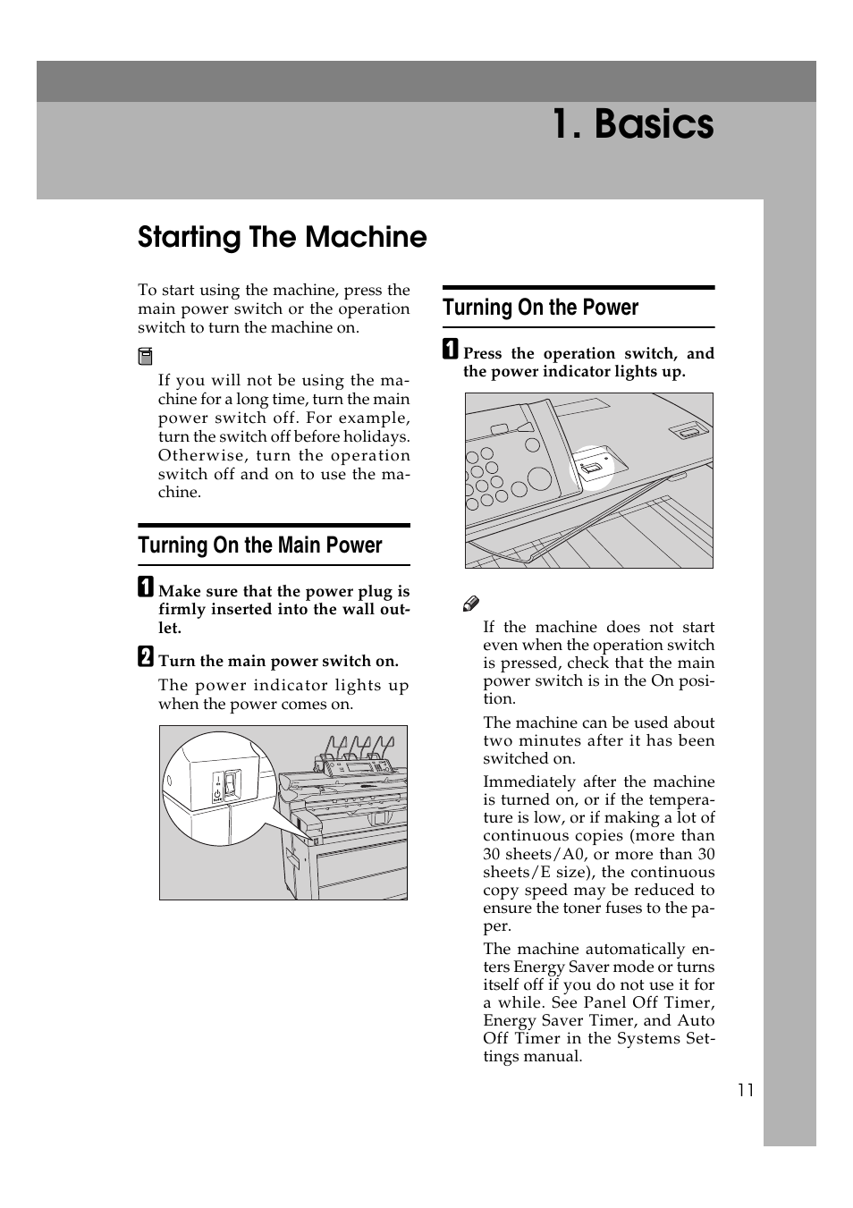 Basics, Starting the machine, Turning on the main power | Turning on the power | Ricoh Aficio 470W User Manual | Page 31 / 184
