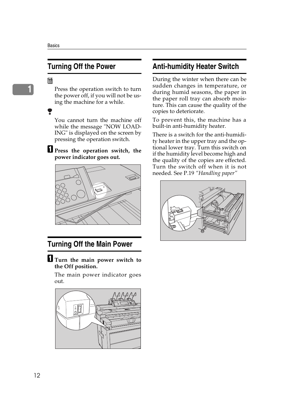 Turning off the power, Turning off the main power, Anti-humidity heater switch | Ricoh Aficio 470W User Manual | Page 32 / 184