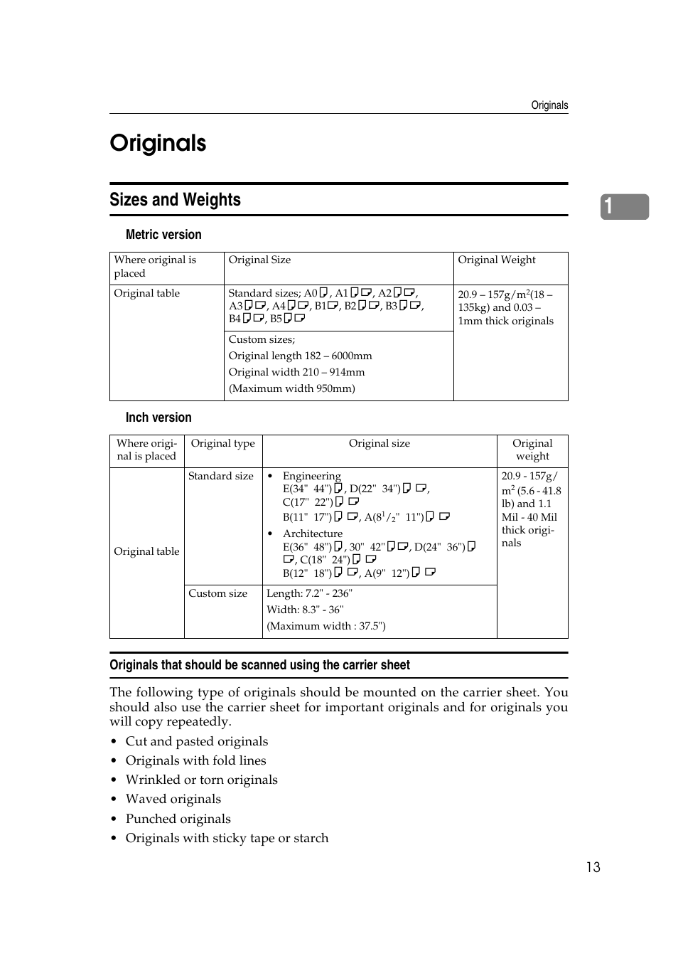 1originals, Sizes and weights | Ricoh Aficio 470W User Manual | Page 33 / 184