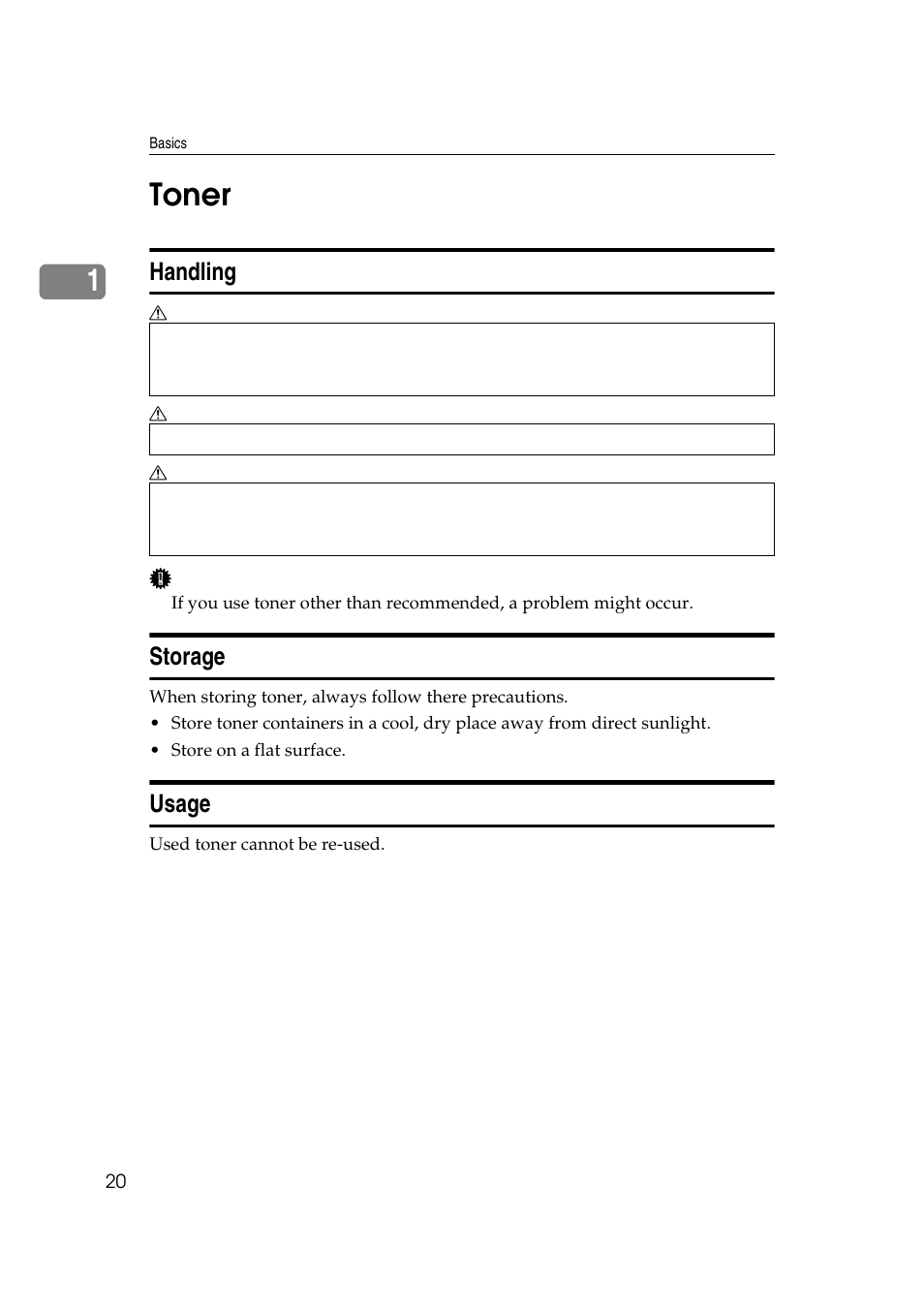 1toner, Handling, Storage | Usage | Ricoh Aficio 470W User Manual | Page 40 / 184