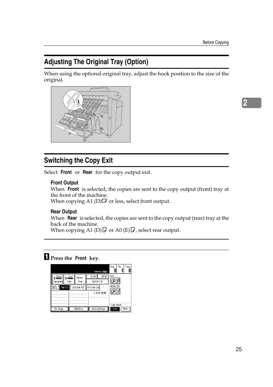 Adjusting the original tray (option), Switching the copy exit | Ricoh Aficio 470W User Manual | Page 45 / 184