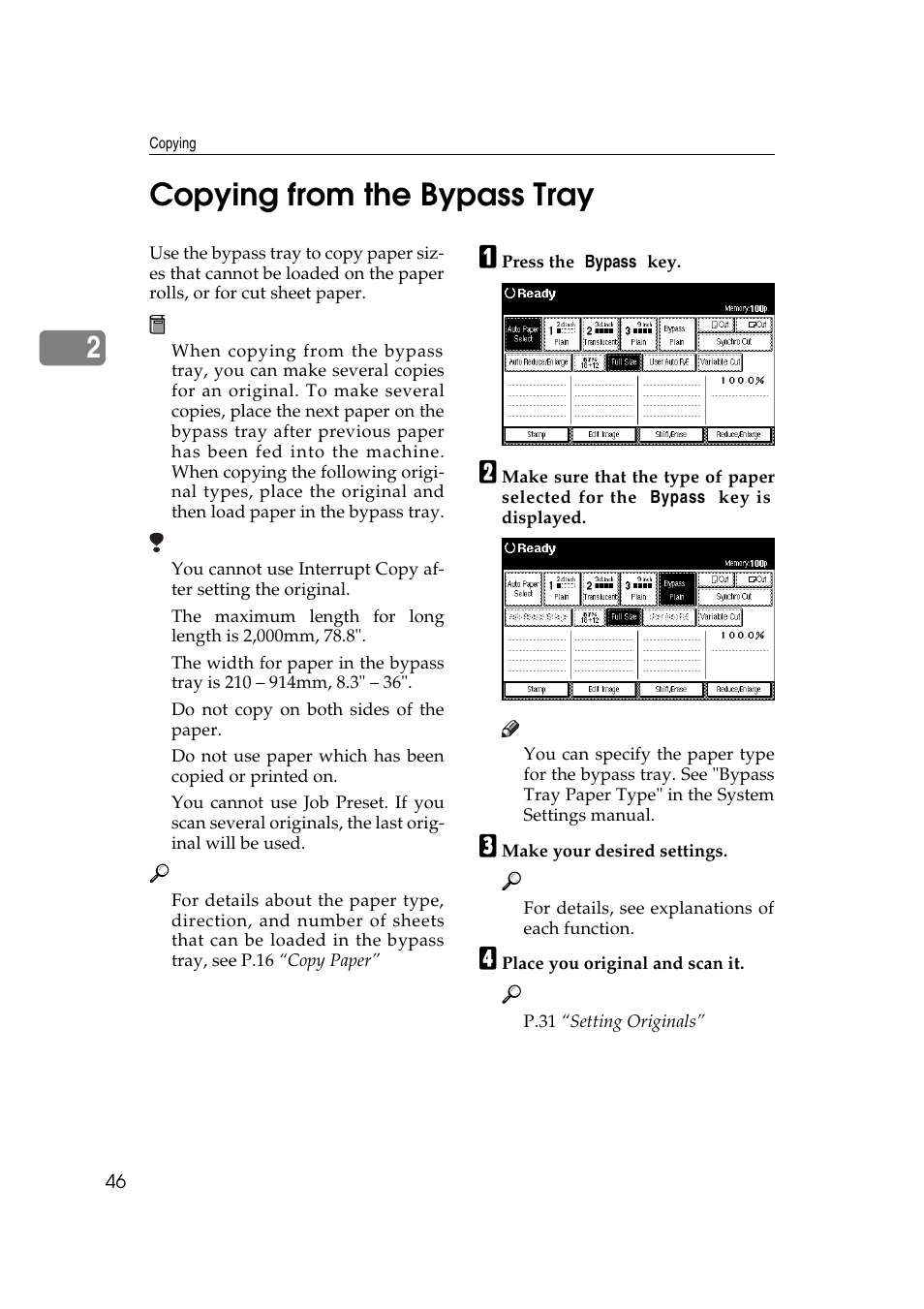 2copying from the bypass tray | Ricoh Aficio 470W User Manual | Page 66 / 184