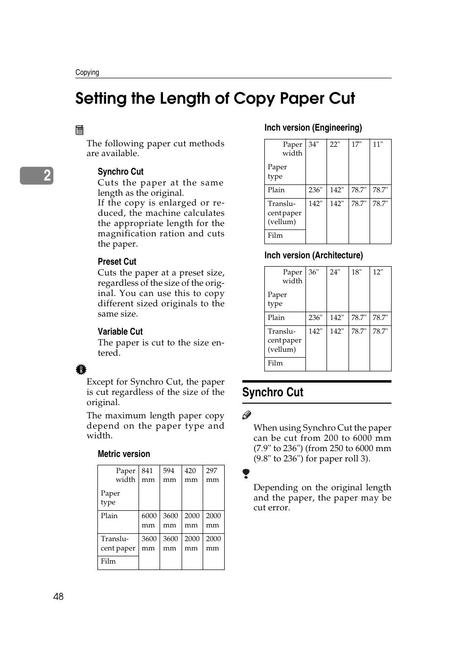 2setting the length of copy paper cut, Synchro cut | Ricoh Aficio 470W User Manual | Page 68 / 184