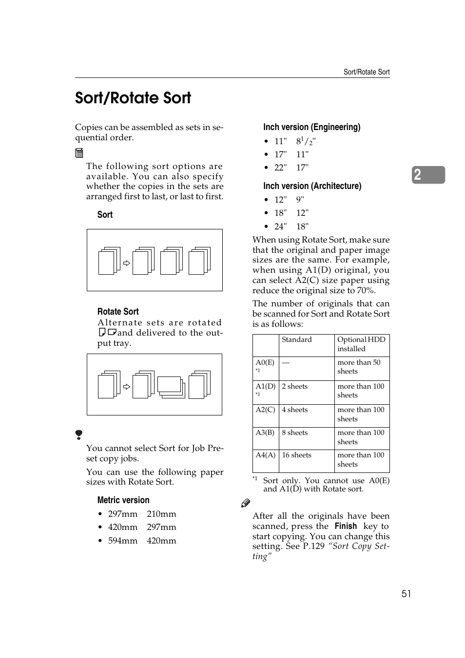 2sort/rotate sort, Sort ❖ ❖ ❖ ❖ rotate sort, Metric version | Inch version (engineering), Inch version (architecture) | Ricoh Aficio 470W User Manual | Page 71 / 184
