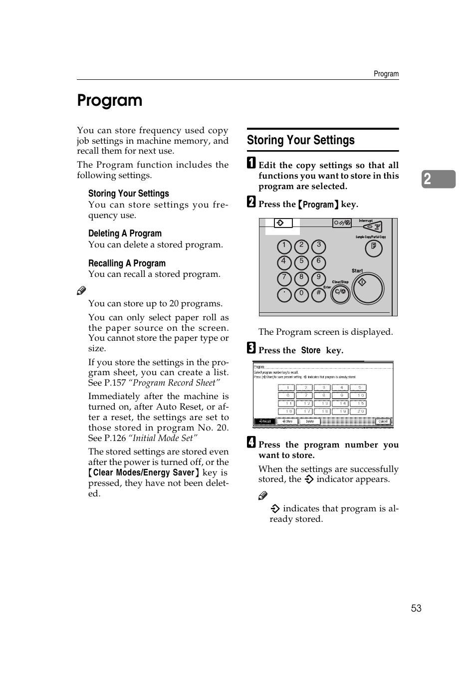 2program, Storing your settings | Ricoh Aficio 470W User Manual | Page 73 / 184