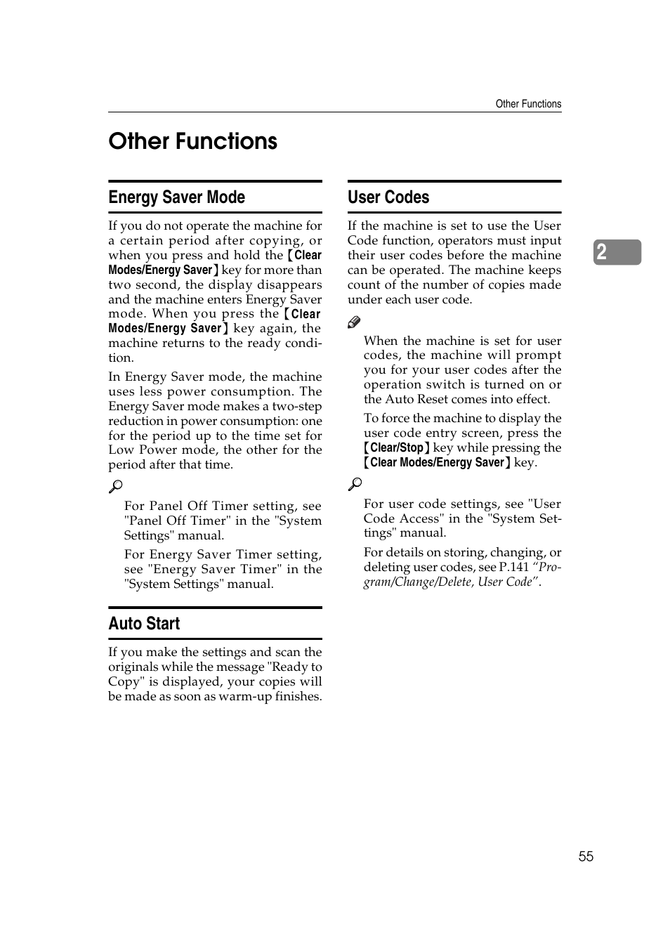 2other functions, Energy saver mode, Auto start | User codes | Ricoh Aficio 470W User Manual | Page 75 / 184