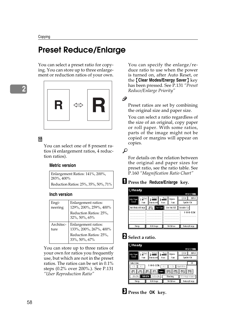 2preset reduce/enlarge | Ricoh Aficio 470W User Manual | Page 78 / 184