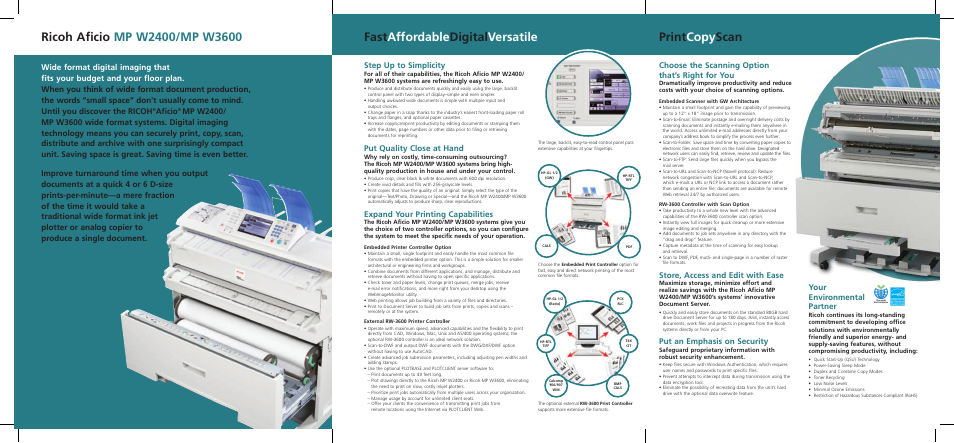 Fast affordable digital versatile print copy scan, Step up to simplicity, Put quality close at hand | Expand your printing capabilities, Aficio, Choose the scanning option that’s right for you, Store, access and edit with ease, Put an emphasis on security, Your environmental partner | Ricoh Aficio MP W2400 User Manual | Page 4 / 6