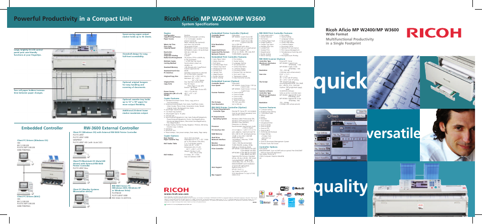 Quick, Quality, Versatile | Embedded controller rw-3600 external controller, System specifications | Ricoh Aficio MP W2400 User Manual | Page 5 / 6