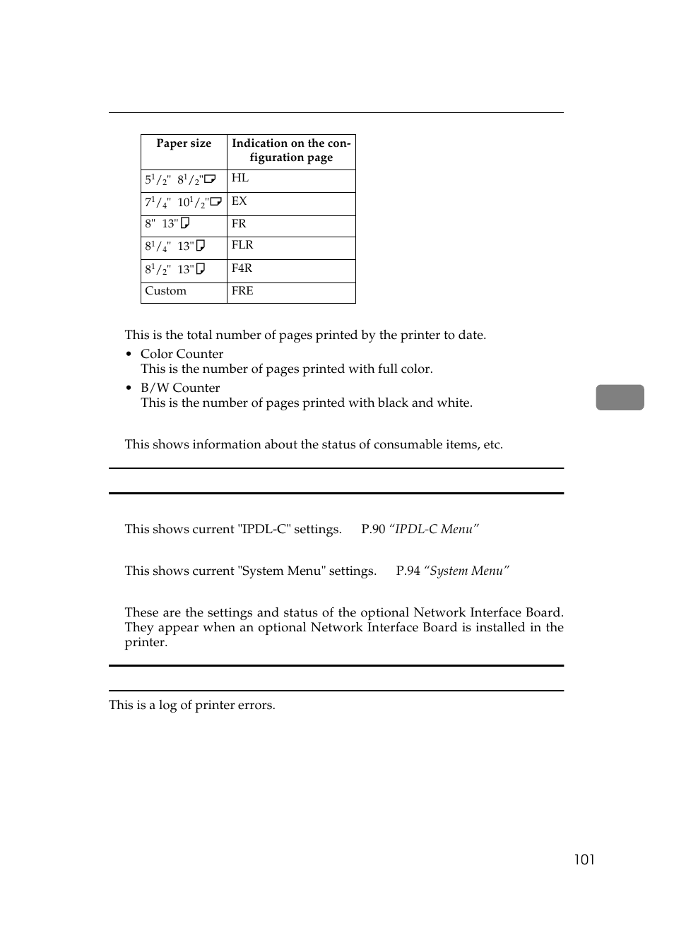 Status list, Error log | Ricoh AP306 User Manual | Page 113 / 144
