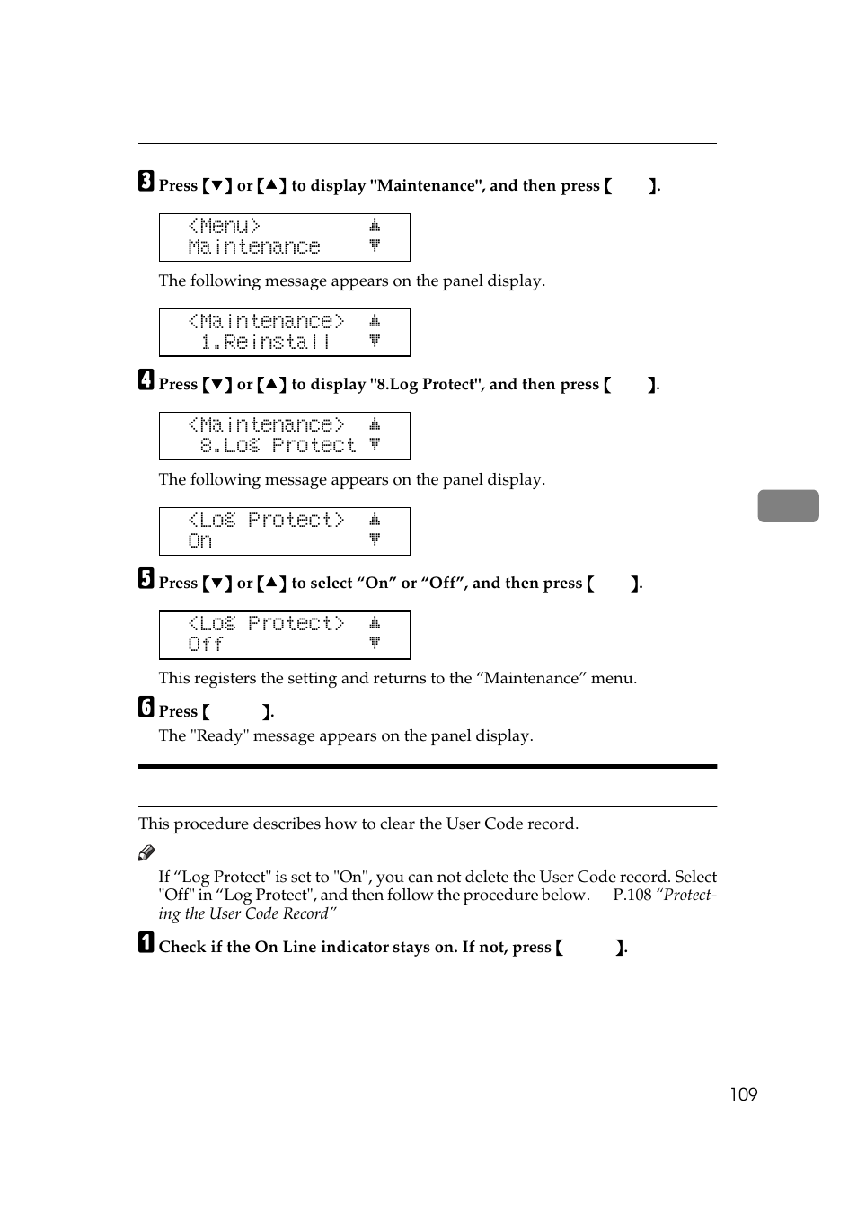 Deleting the user code record, P.109 “deleting the user code record | Ricoh AP306 User Manual | Page 121 / 144