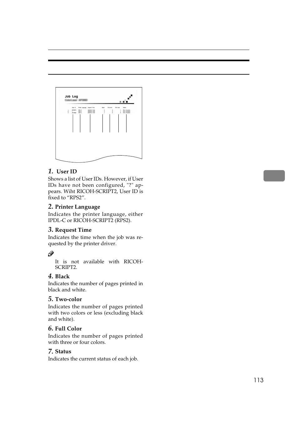 Reading the job log | Ricoh AP306 User Manual | Page 125 / 144