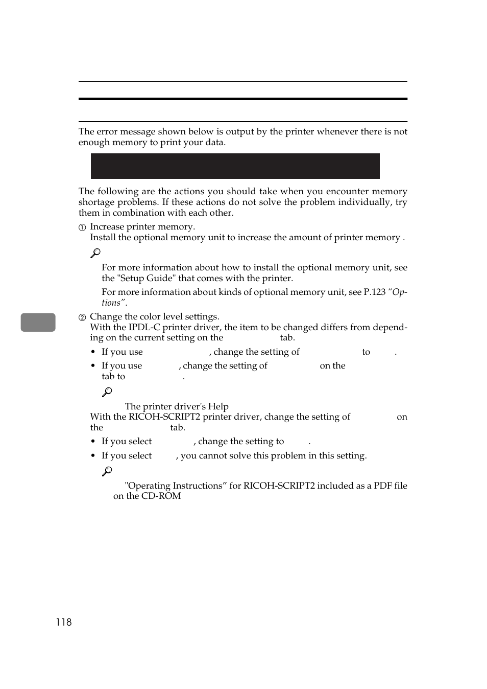 Low memory, See p.118 “low memory | Ricoh AP306 User Manual | Page 130 / 144