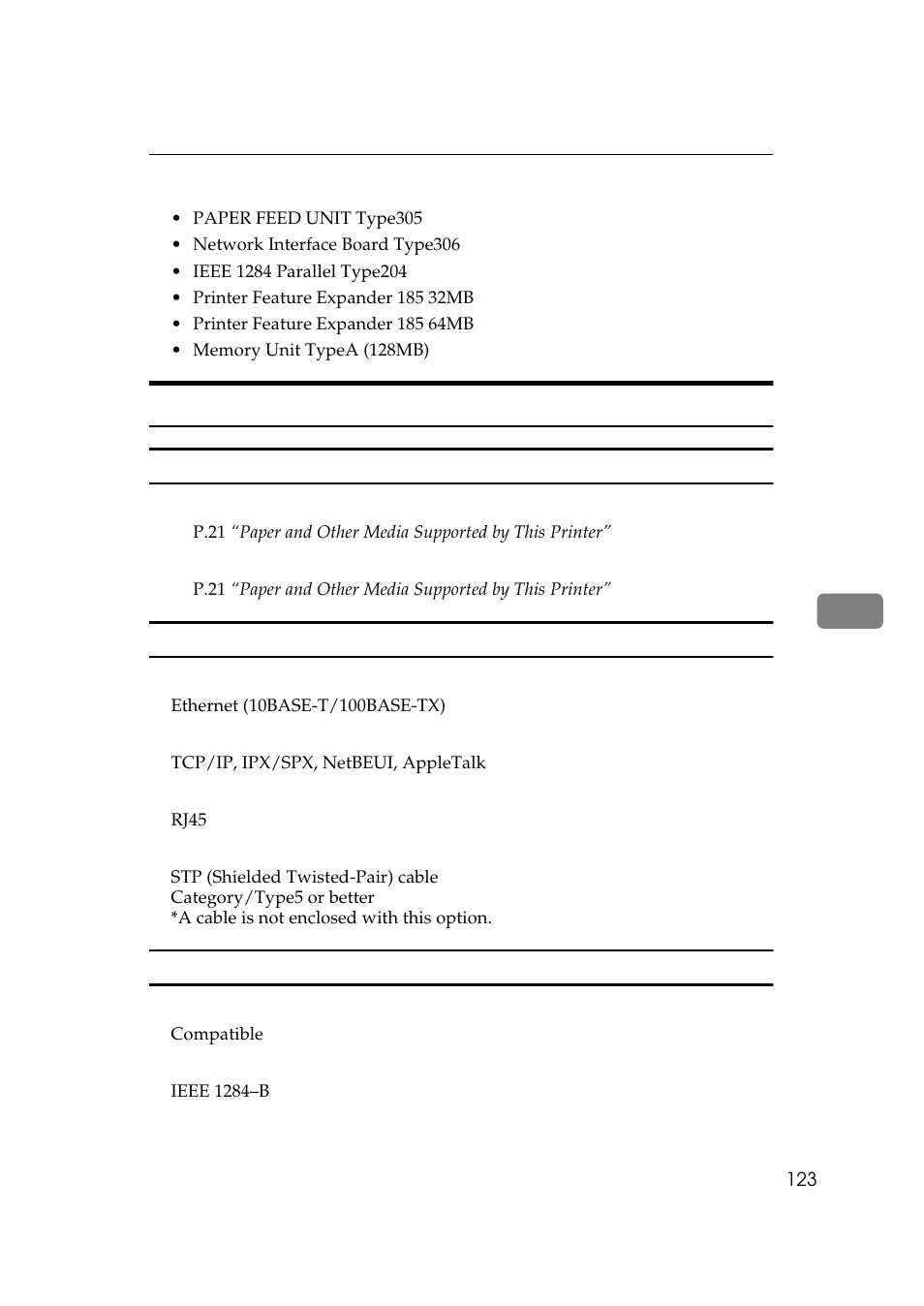 Options, Paper feed unit type305, Network interface board type306 | Ieee 1284 parallel type204 | Ricoh AP306 User Manual | Page 135 / 144