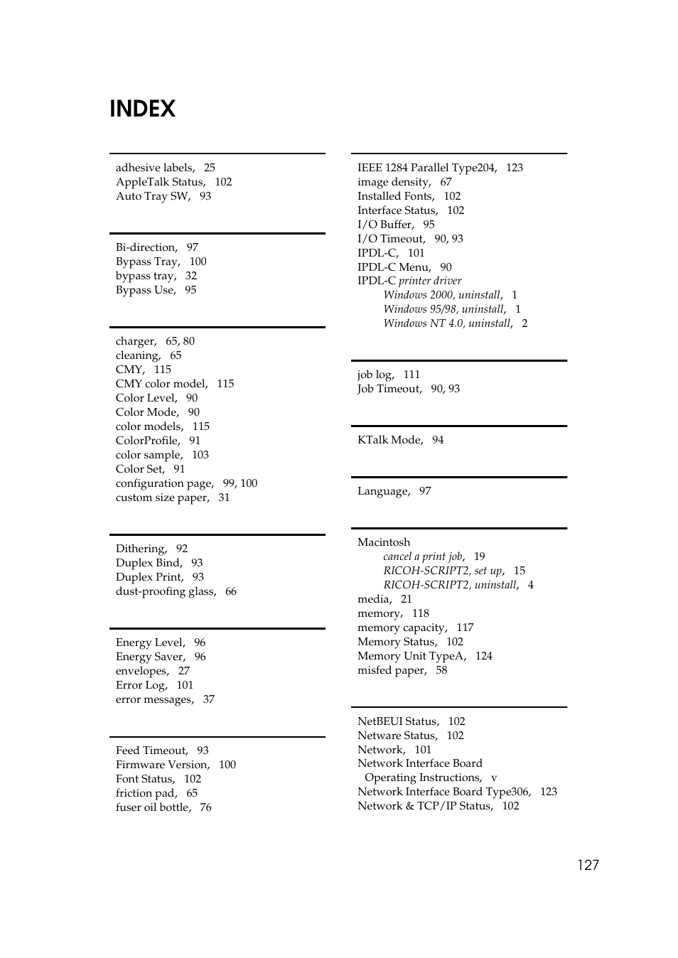 Index | Ricoh AP306 User Manual | Page 139 / 144
