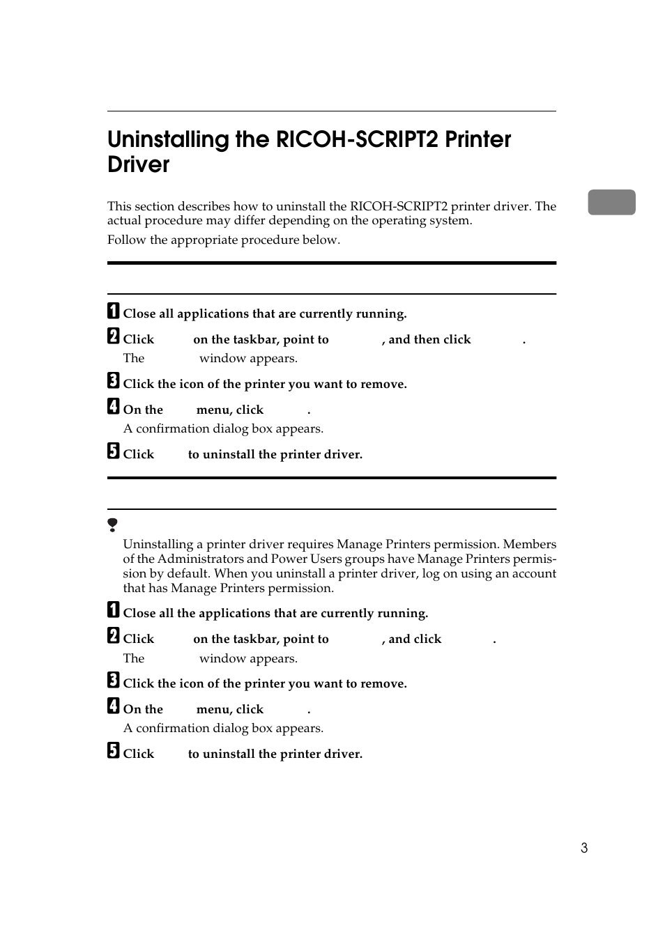 Uninstalling the ricoh-script2 printer driver, 1uninstalling the ricoh-script2 printer driver | Ricoh AP306 User Manual | Page 15 / 144