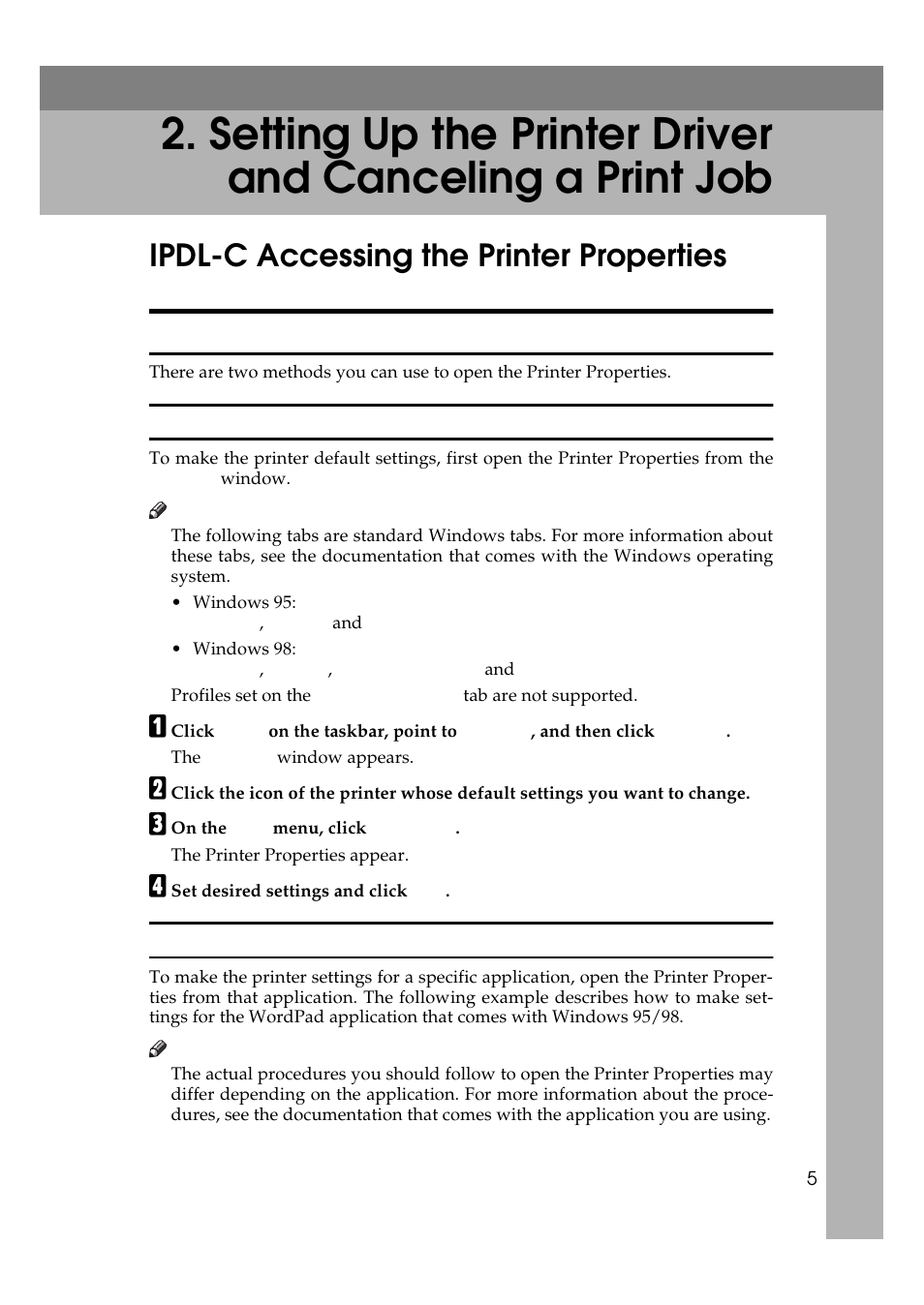 Ipdl-c accessing the printer properties, Windows 95/98 - accessing the printer properties, Making printer default settings | Making printer settings from an application | Ricoh AP306 User Manual | Page 17 / 144