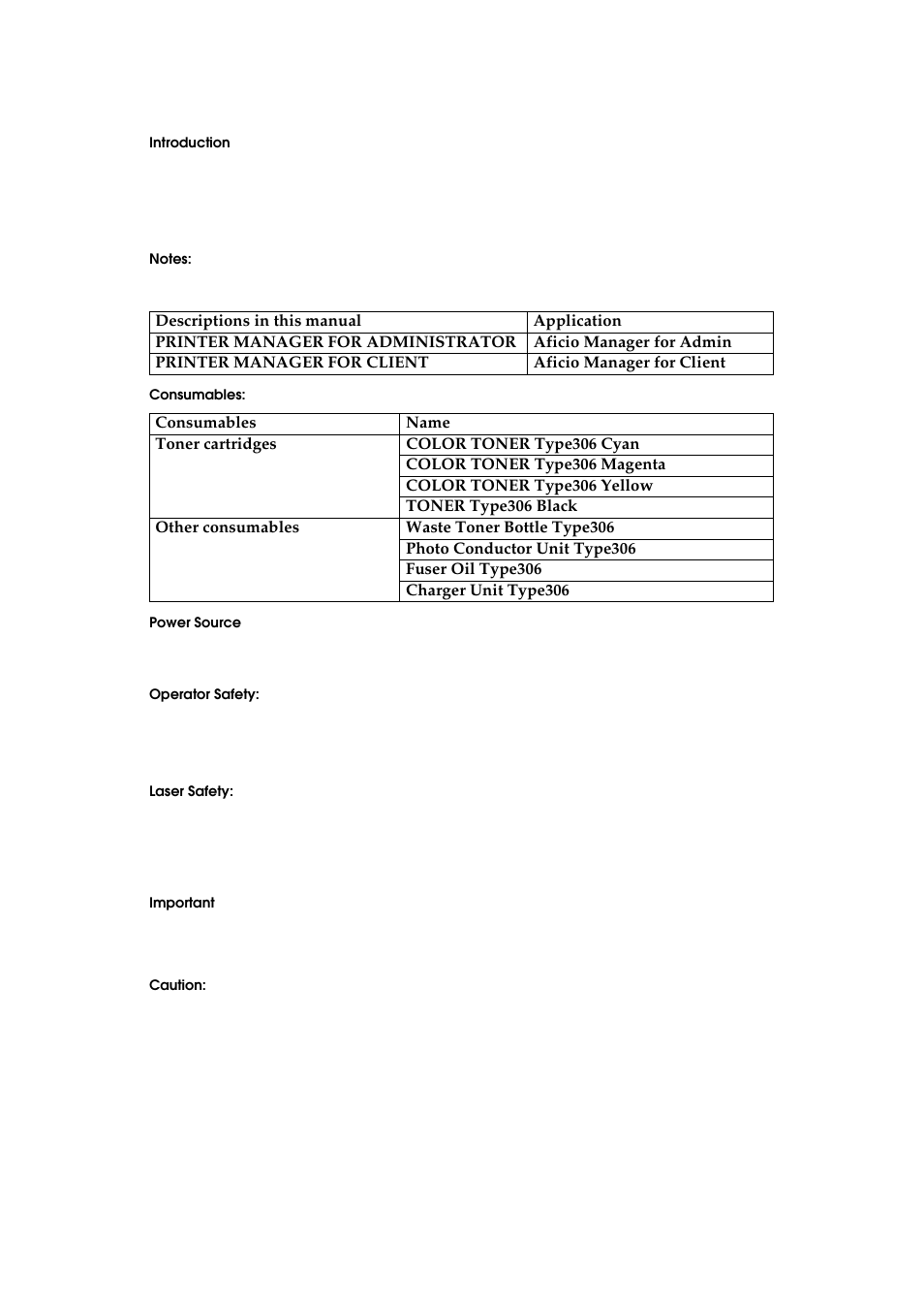 Introduction, Notes, Consumables | Power source, Operator safety, Laser safety, Important, Caution | Ricoh AP306 User Manual | Page 2 / 144