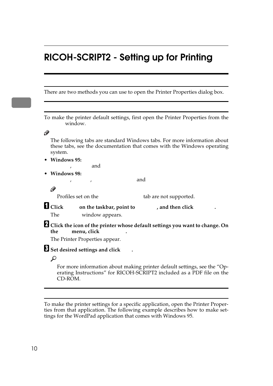 Ricoh-script2 - setting up for printing, Windows 95/98 - accessing the printer properties, Making printer default settings | Making printer settings from an application, 2ricoh-script2 - setting up for printing | Ricoh AP306 User Manual | Page 22 / 144