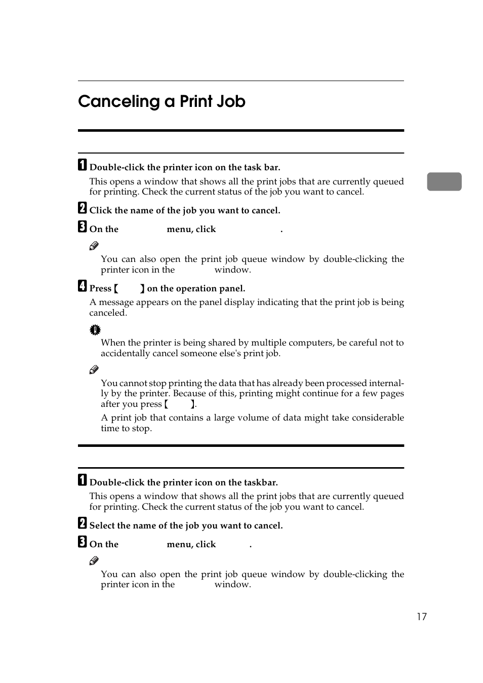 Canceling a print job, Windows 95/98 - canceling a print job, Windows 2000 - canceling a print job | 2canceling a print job | Ricoh AP306 User Manual | Page 29 / 144