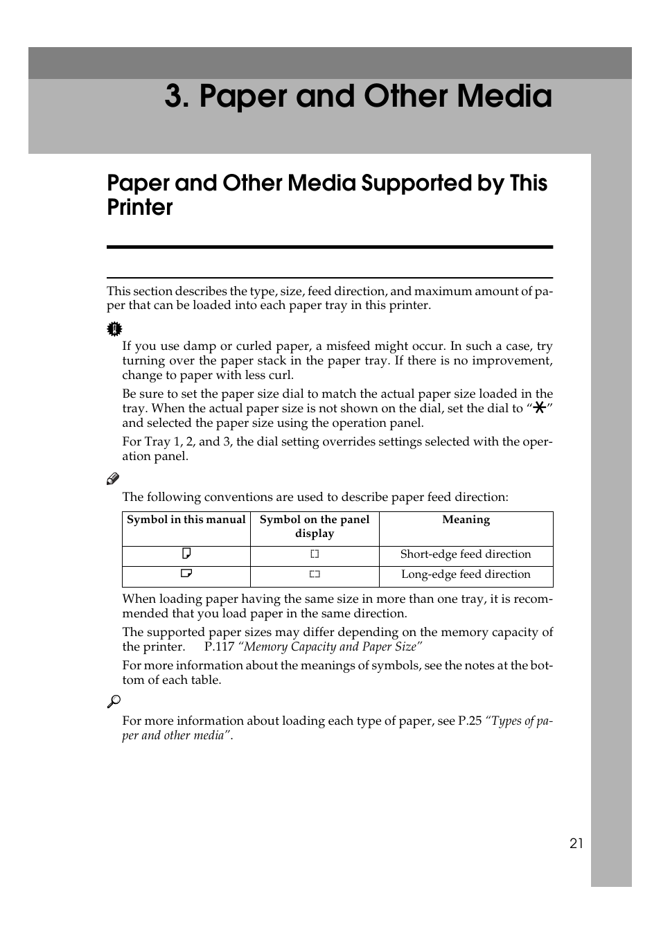  paper and other media, Paper and other media supported by this printer, Paper types and sizes | Paper and other media | Ricoh AP306 User Manual | Page 33 / 144