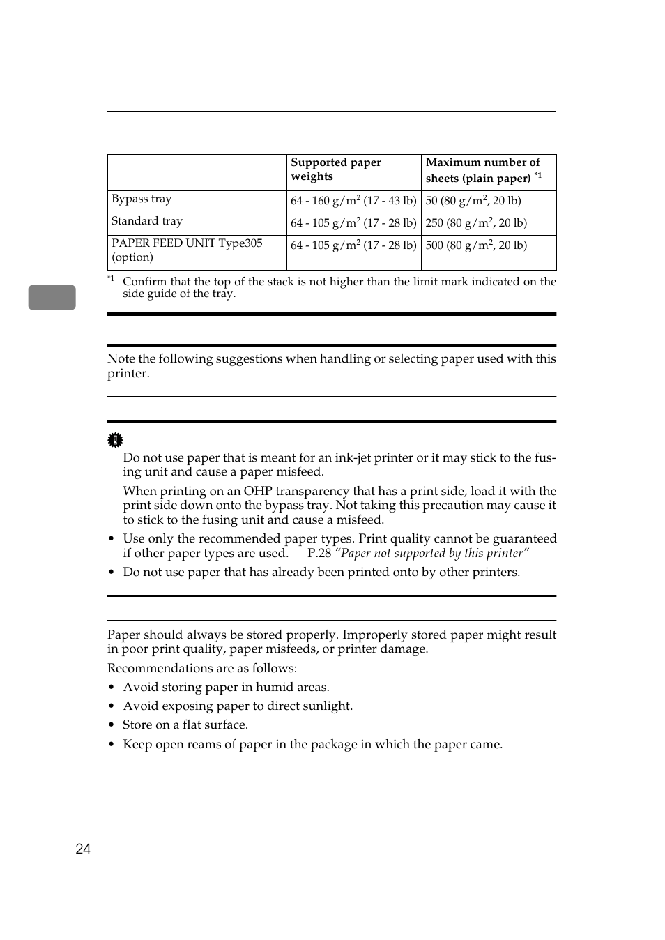 Paper recommendations, Loading paper, Storing paper | Ricoh AP306 User Manual | Page 36 / 144