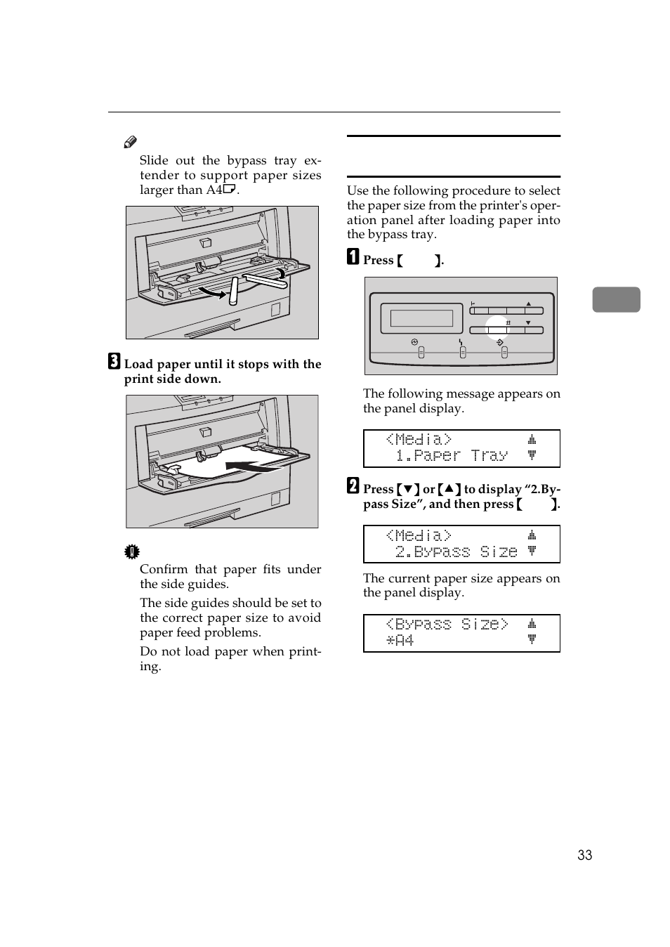 Selecting paper size using the operation panel, Media> j 1.paper tray l, Media> j 2.bypass size l | Bypass size> j *a4 l | Ricoh AP306 User Manual | Page 45 / 144