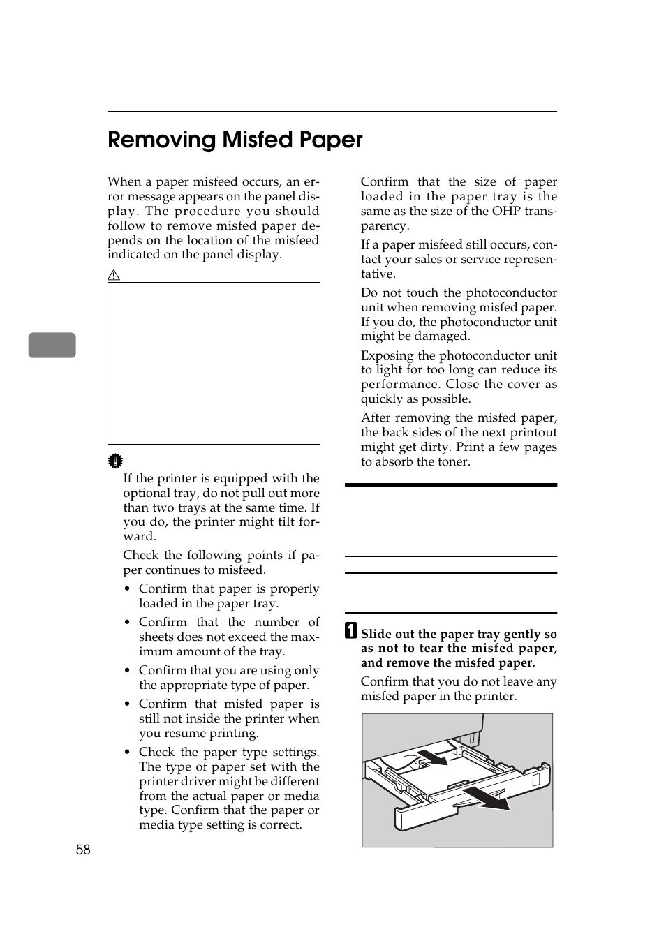 Removing misfed paper, P.58 “when the message, Remove misfeed from paper tray" appears | P.58 “removing misfed paper, 4removing misfed paper | Ricoh AP306 User Manual | Page 70 / 144