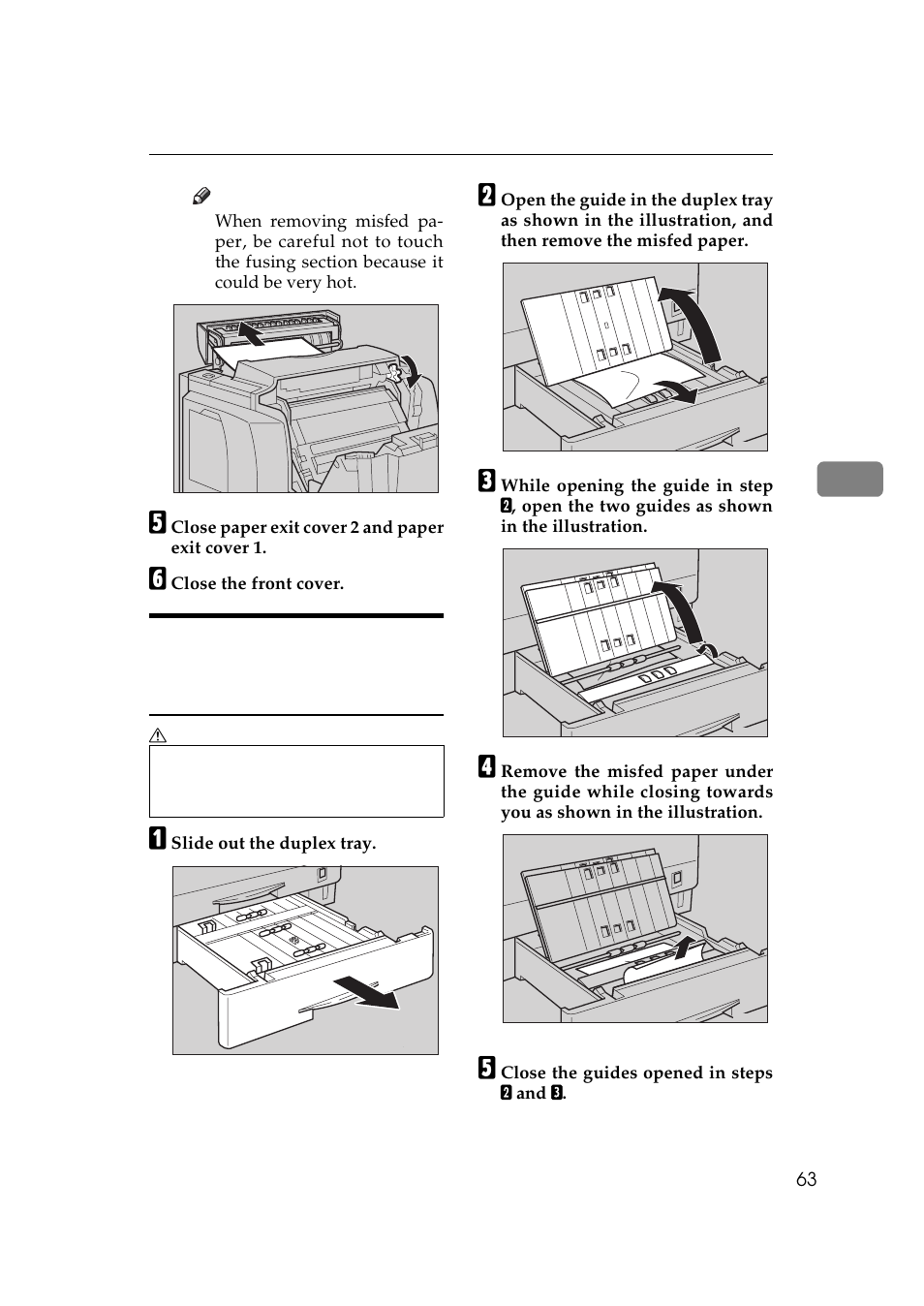 P.63 “when the message, Remove misfeed duplex base unit" appears | Ricoh AP306 User Manual | Page 75 / 144