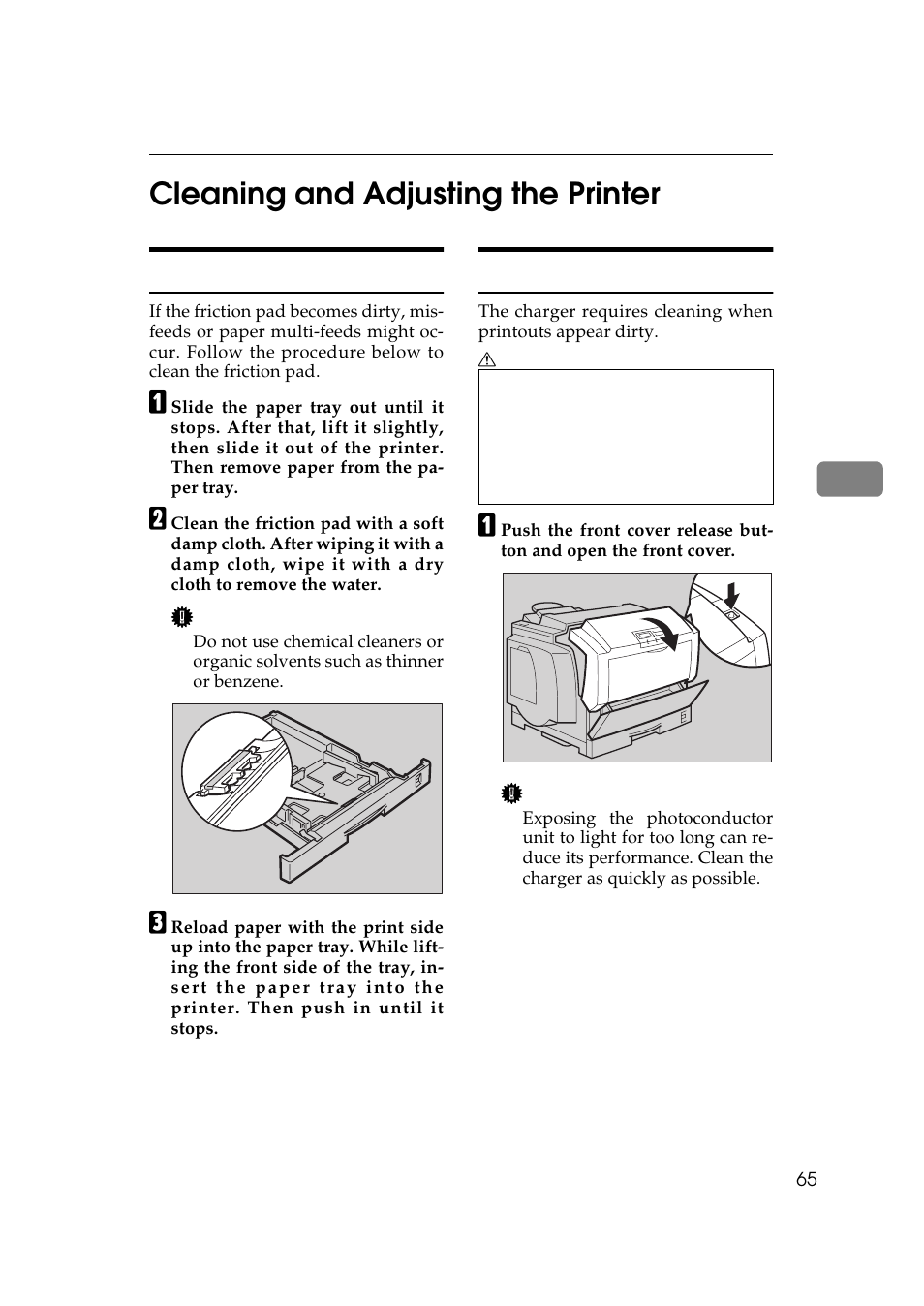 Cleaning and adjusting the printer, Cleaning the friction pad, Cleaning the charger | Cleaning the friction pad cleaning the charger, P.65 “cleaning the, Friction pad, Them, P.65 “cleaning the charger, P.65 “clean, Ing the charger | Ricoh AP306 User Manual | Page 77 / 144