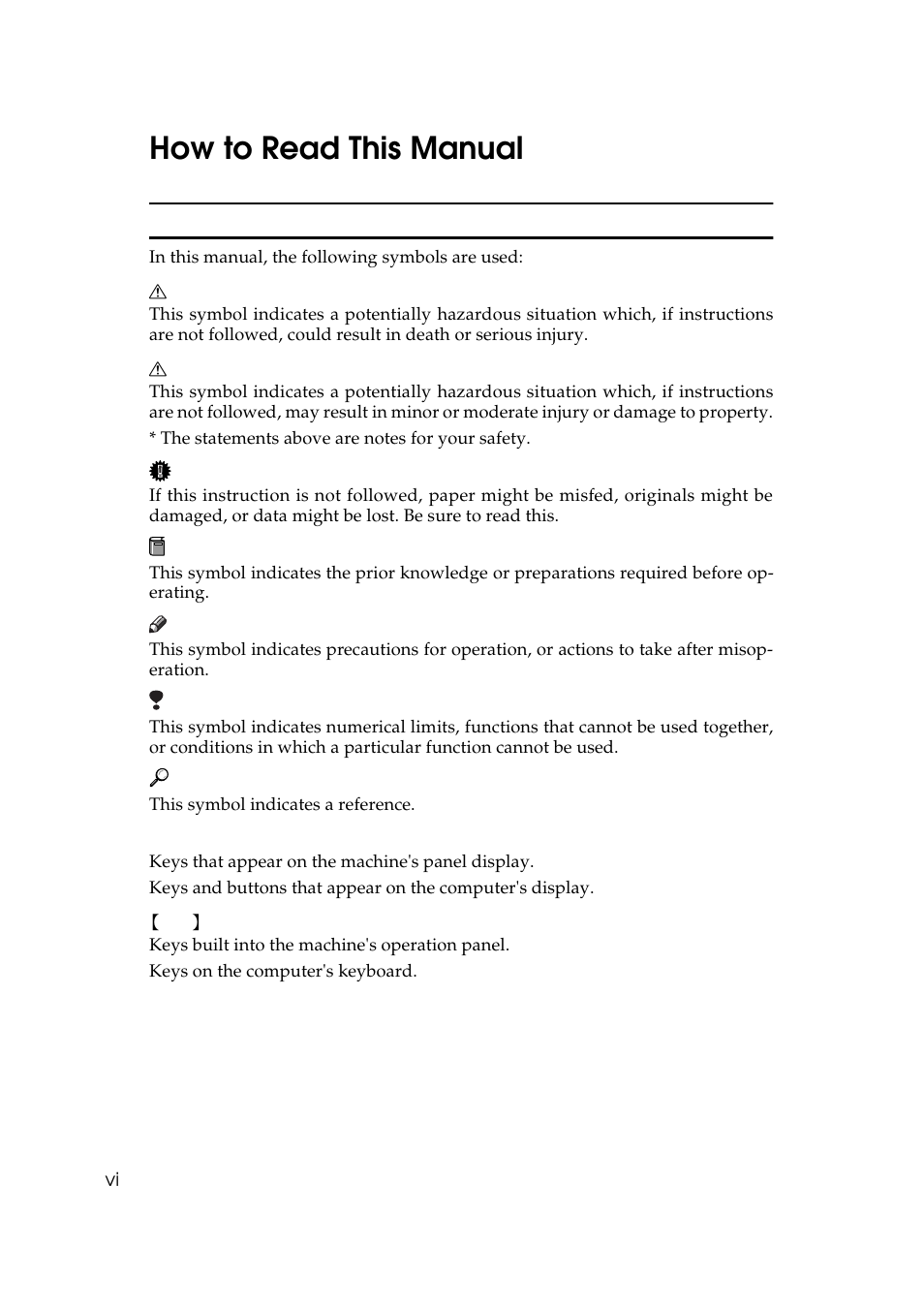 How to read this manual, Symbols | Ricoh AP306 User Manual | Page 8 / 144