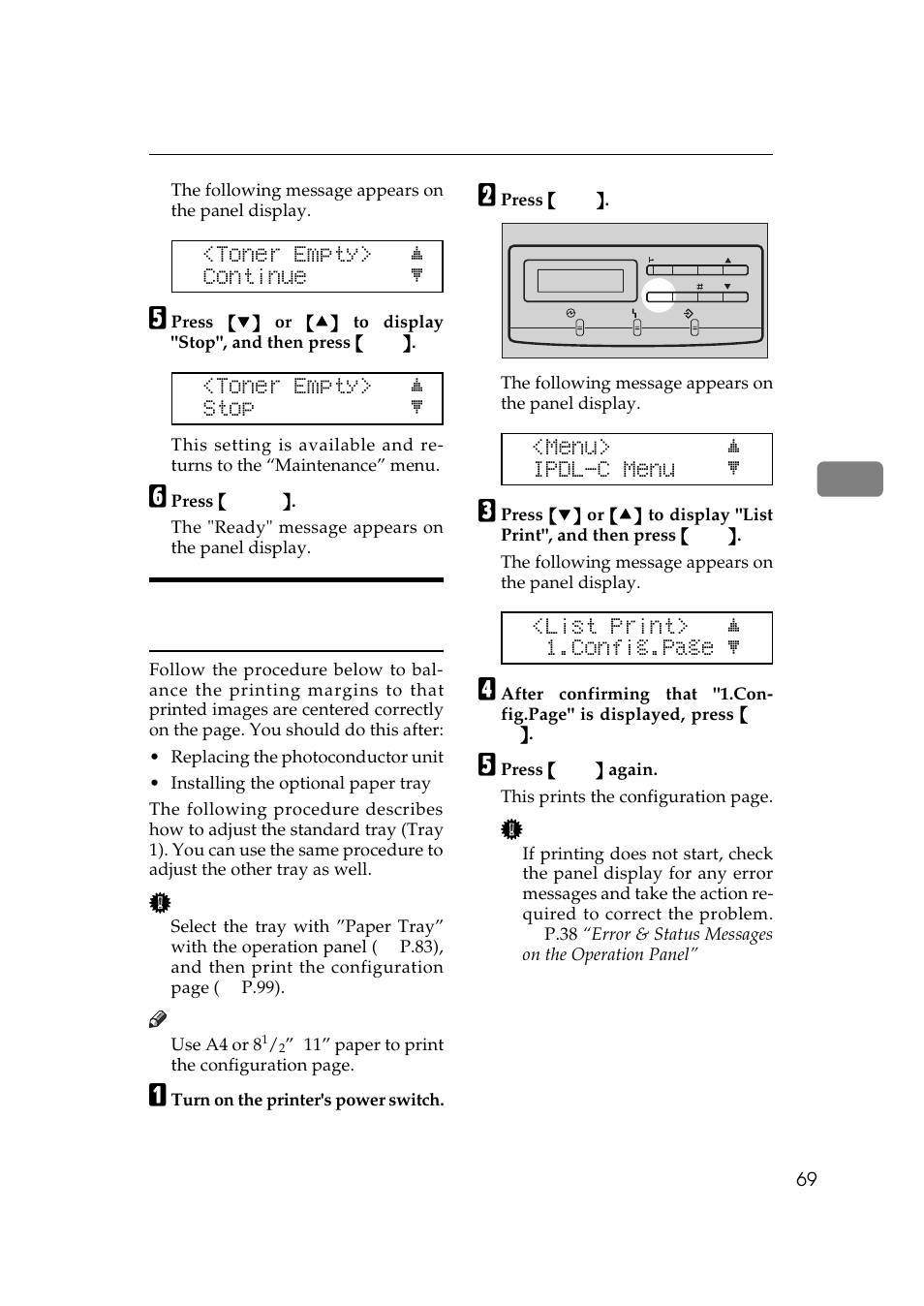 Toner empty> j continue l, Toner empty> j stop l, Menu> j ipdl-c menu l | List print> j 1.config.page l | Ricoh AP306 User Manual | Page 81 / 144