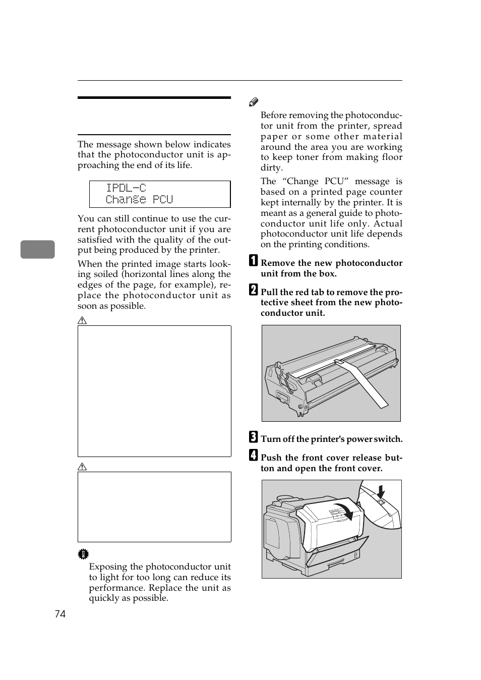 Replacing the photoconductor unit, P.74 “replacing the photo, Conductor unit | P.74 “replacing the, Photoconductor unit, P.74 “re, Placing the photoconductor unit, P.74 “replacing, The photoconductor unit, P.74 “replac | Ricoh AP306 User Manual | Page 86 / 144