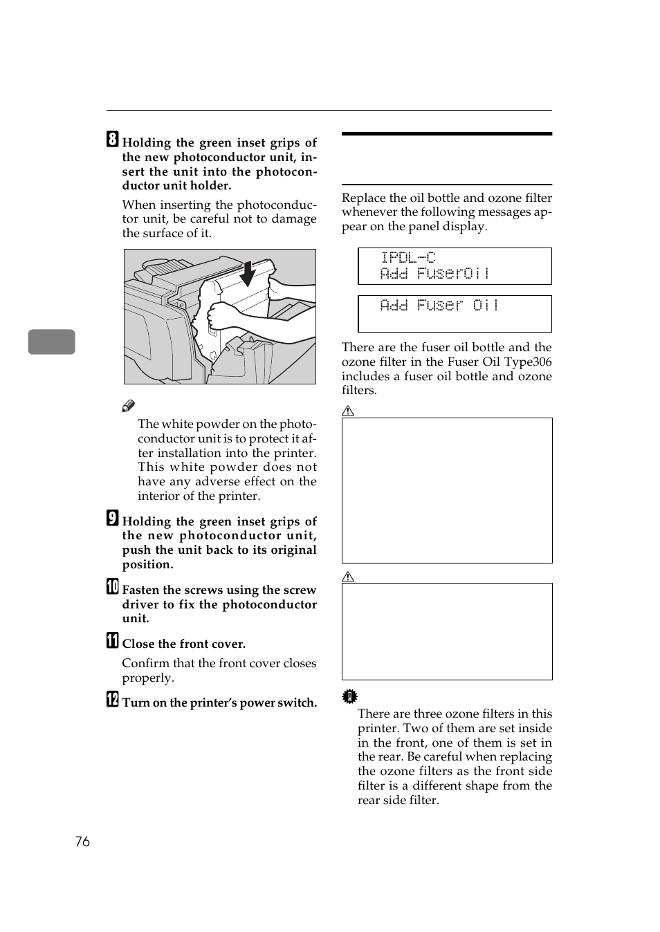 Replacing the fuser oil bottle and ozone filter, P.76 “replacing the fuser, Oil bottle and ozone filter | Ricoh AP306 User Manual | Page 88 / 144