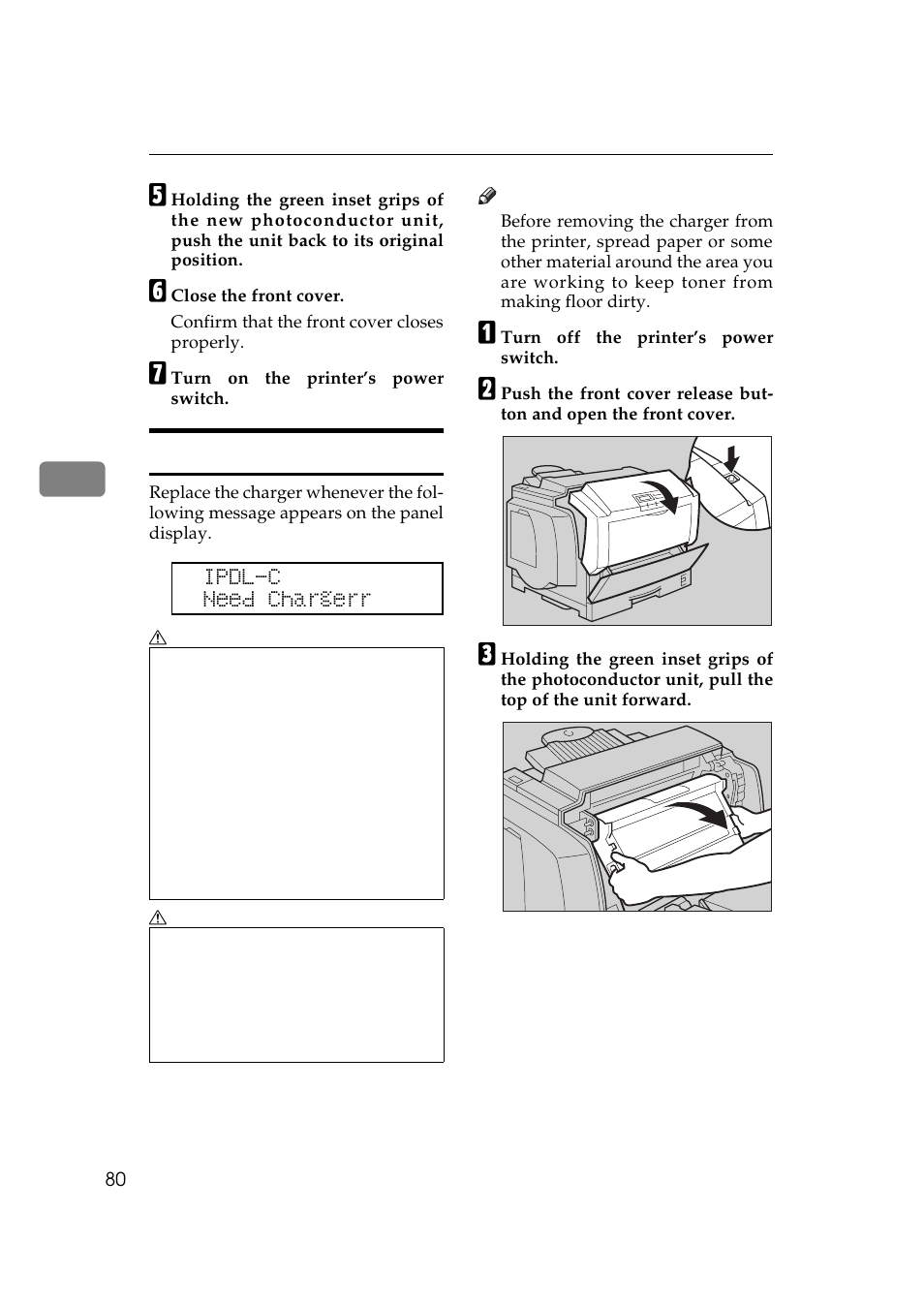 Replacing the charger, P.80 “replacing the charger | Ricoh AP306 User Manual | Page 92 / 144
