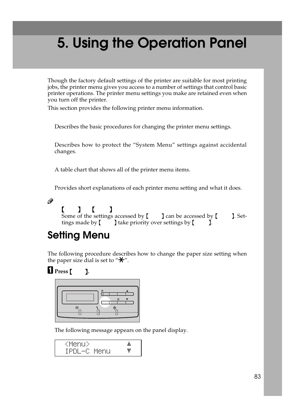  using the operation panel, Setting menu, Using the operation panel | P.83 “using the operation panel, P.83 “using the, Operation panel, P.83 “using, The operation panel, P.83), Menu> j ipdl-c menu l | Ricoh AP306 User Manual | Page 95 / 144