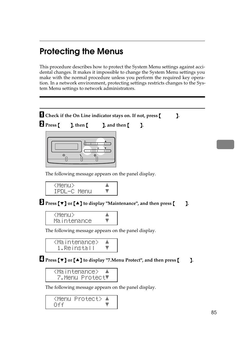 Protecting the menus, 5protecting the menus, Menu> j ipdl-c menu l | Menu> j maintenance l, Maintenance> j 1.reinstall l, Maintenance> j 7.menu protectl, Menu protect> j off l | Ricoh AP306 User Manual | Page 97 / 144