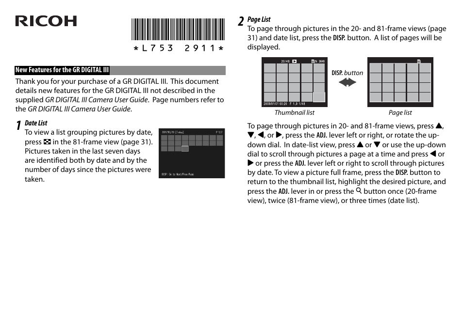 Ricoh L753 2911 User Manual | 2 pages