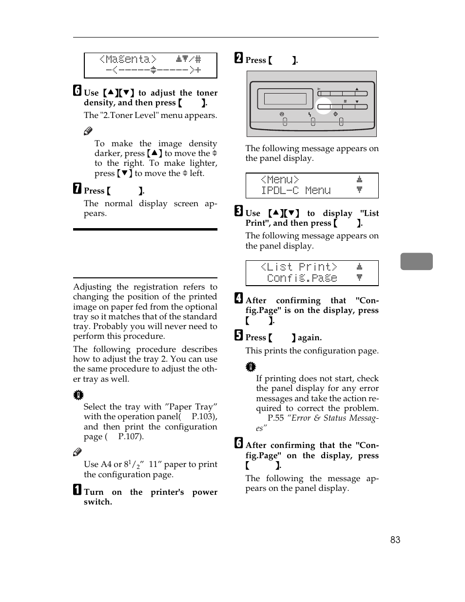 Magenta> jl/# -<-----g, Menu> j ipdl-c menu l, List print> j config.page l | Ricoh AP305 User Manual | Page 113 / 156
