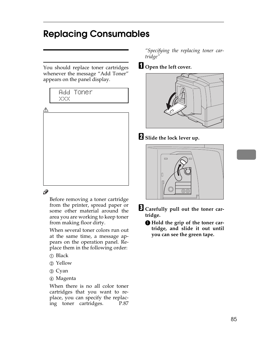 Replacing consumables, Replacing the toner cartridge, P.85 “replac | Ing the toner cartridge, P.85 “replacing, The toner cartridge, P.85 “replacing the toner, Cartridge, P.85 “replacing the toner cartridge, 6replacing consumables | Ricoh AP305 User Manual | Page 115 / 156