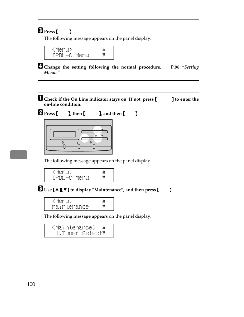 Removing protect, Menu> j ipdl-c menu l, Menu> j maintenance l | Maintenance> j 1.toner selectl | Ricoh AP305 User Manual | Page 130 / 156