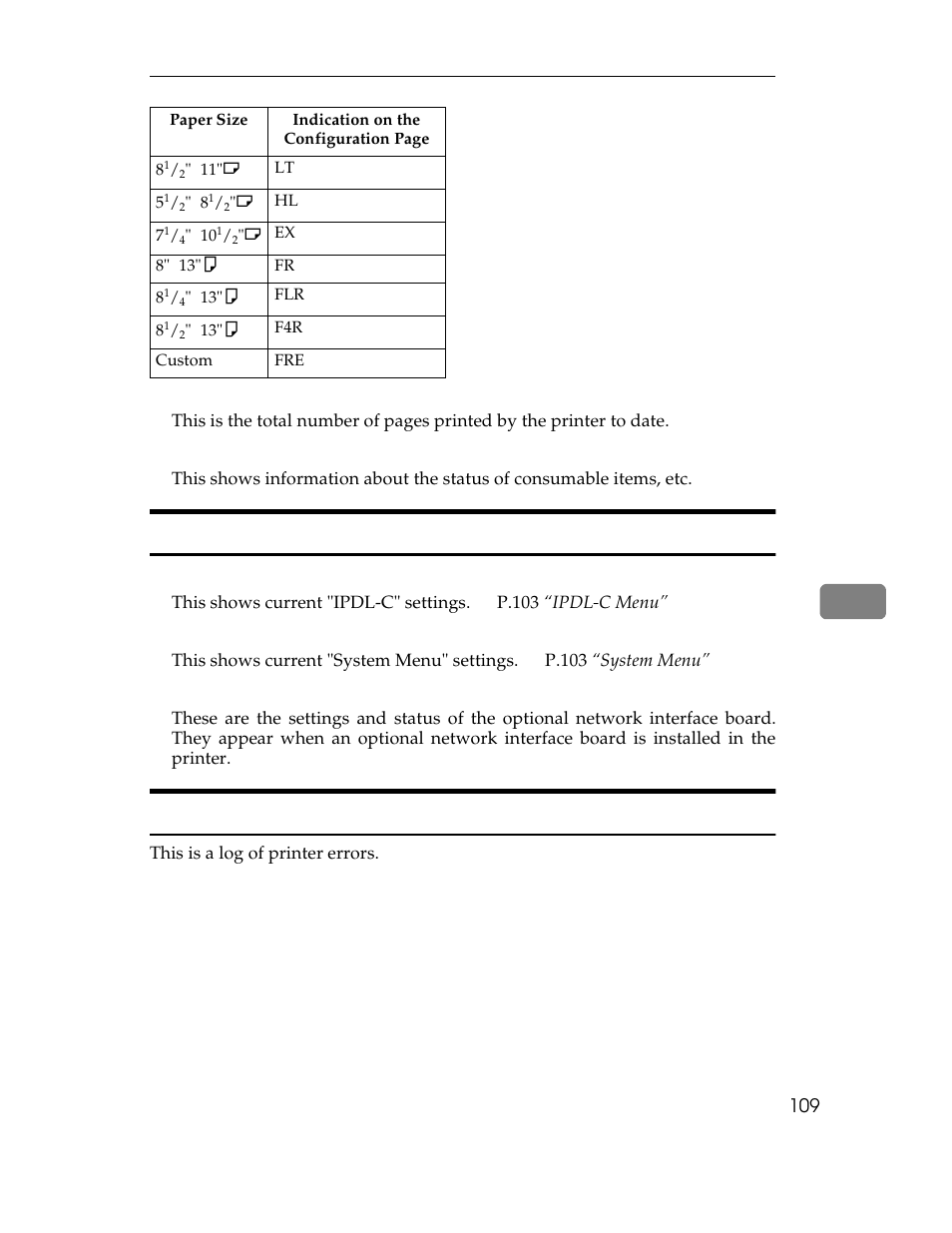 Status list, Error log, Status list error log | Ricoh AP305 User Manual | Page 139 / 156