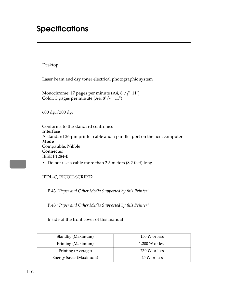 Specifications, Mainframe, 8specifications | Ricoh AP305 User Manual | Page 146 / 156